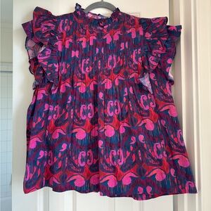 Oliphant Caroline Pintuck top-Pink and Blue Ruffle 
Size L